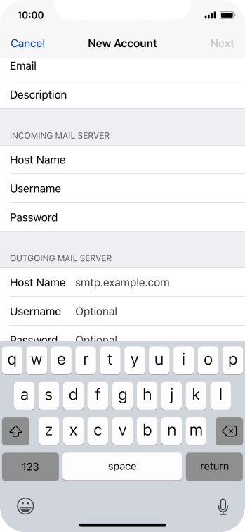Press Host Name and key in the name of your email provider's outgoing server. Press Host Name and key in the name of your email provider's outgoing server.