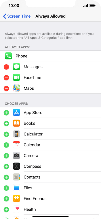 Press the add icon next to the required app to add it to the list of allowed apps during Downtime. Press the add icon next to the required app to add it to the list of allowed apps during Downtime.