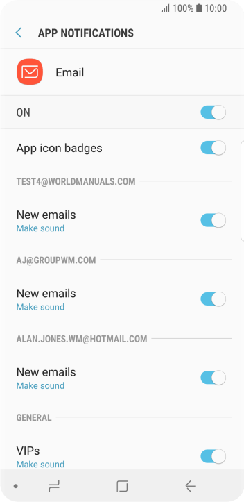 Press the indicator below the required email account to turn the function on or off. Press the indicator below the required email account to turn the function on or off.