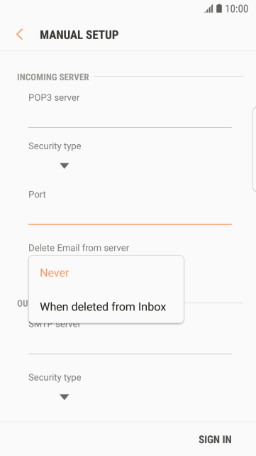 Press Never to keep email messages on the server when you delete them on your phone. Press Never to keep email messages on the server when you delete them on your phone.