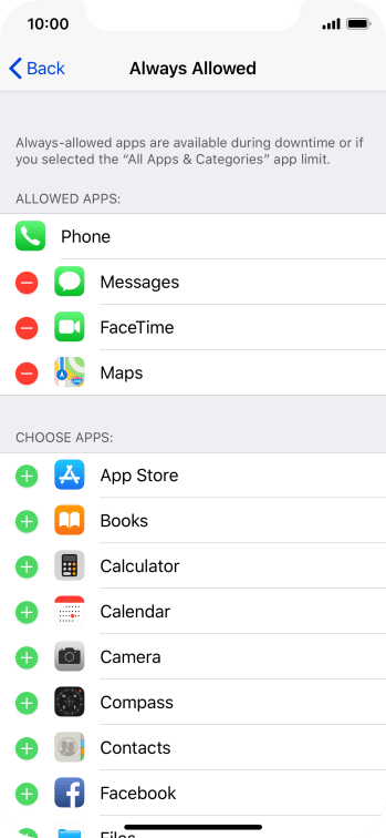 Press the add icon next to the required app to add it to the list of allowed apps during Downtime. Press the add icon next to the required app to add it to the list of allowed apps during Downtime.