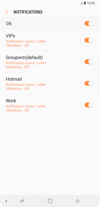 Press the indicator next to the required email account to turn the function on or off. Press the indicator next to the required email account to turn the function on or off.