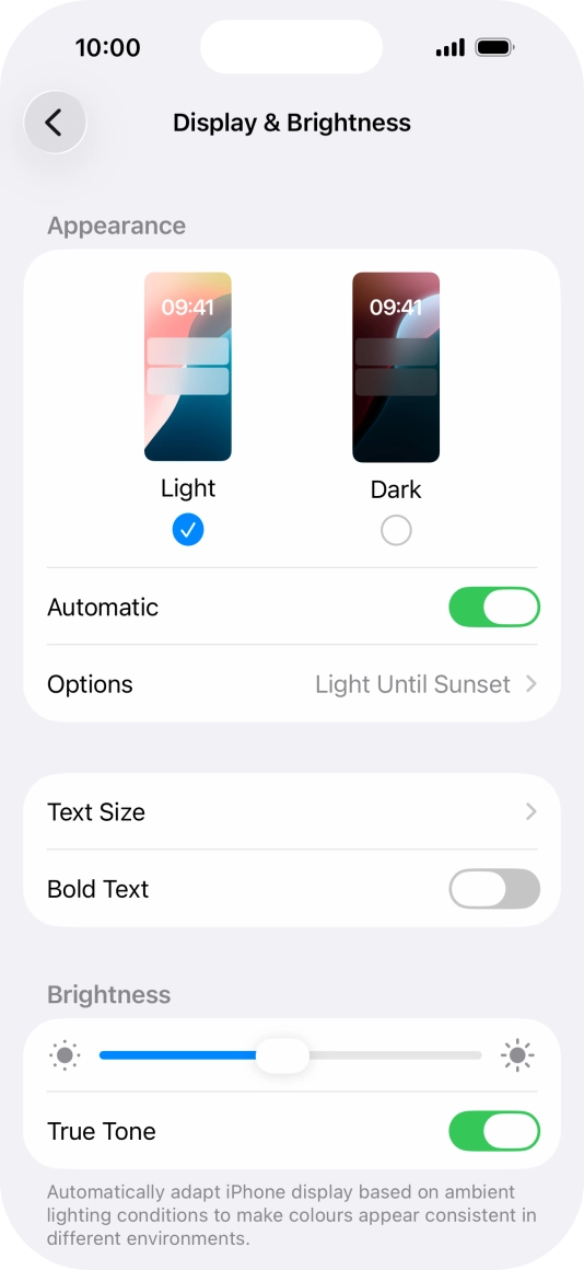 If you turn on the function, press Options and follow the instructions on the screen to select the required period of time for Dark Mode. If you turn on the function, press Options and follow the instructions on the screen to select the required period of time for Dark Mode.