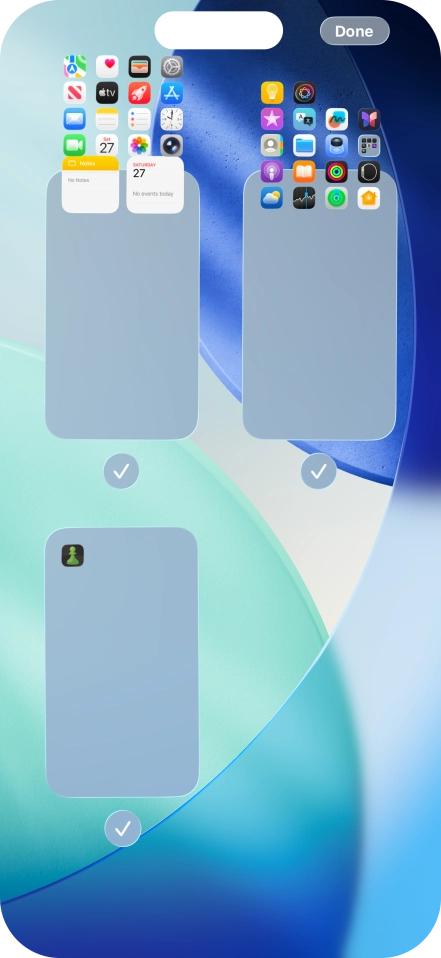 Press the field below the required home screen page to turn page view on or off. Press the field below the required home screen page to turn page view on or off.