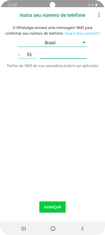 Pressione AVANÇAR. Aguarde até que o celular receba uma SMS para confirmar seu número de telefone. Pressione AVANÇAR. Aguarde até que o celular receba uma SMS para confirmar seu número de telefone.