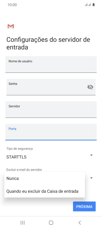 Pressione Nunca para manter os e-mails no servidor, quando você apagá-los do celular. Pressione Nunca para manter os e-mails no servidor, quando você apagá-los do celular.
