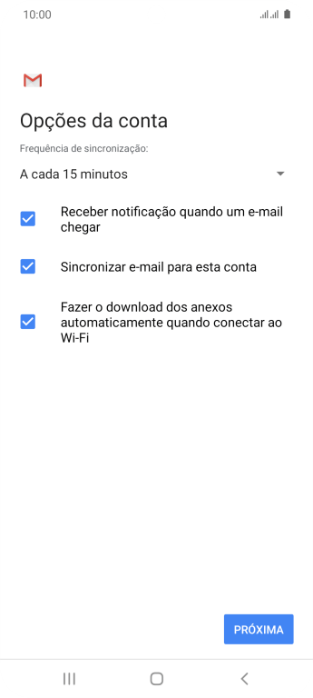 Se a tela mostrar essa imagem, sua conta foi reconhecida e configurada automaticamente. Siga as instruções da tela para inserir mais informações e finalizar a configuração. Se a tela mostrar essa imagem, sua conta foi reconhecida e configurada automaticamente. Siga as instruções da tela para inserir mais informações e finalizar a configuração.