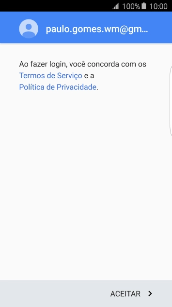 Pressione ACEITAR, e siga as indicações da tela para selecionar as configurações da sua conta Google. Pressione ACEITAR, e siga as indicações da tela para selecionar as configurações da sua conta Google.