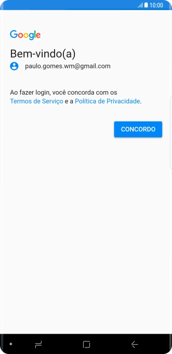 Pressione CONCORDO, e siga as indicações da tela para selecionar as configurações da sua conta Google. Pressione CONCORDO, e siga as indicações da tela para selecionar as configurações da sua conta Google.