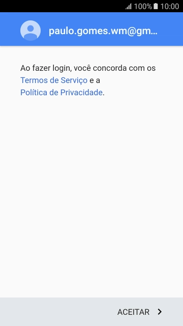 Pressione ACEITAR, e siga as indicações da tela para selecionar as configurações da sua conta Google. Pressione ACEITAR, e siga as indicações da tela para selecionar as configurações da sua conta Google.