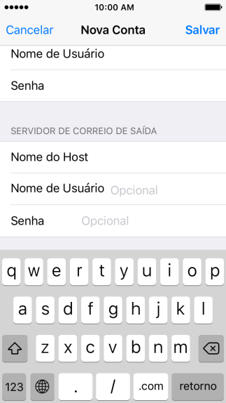 Pressione Nome do Host, e insira o nome do servidor de saída do seu provedor de e-mails. Pressione Nome do Host, e insira o nome do servidor de saída do seu provedor de e-mails.