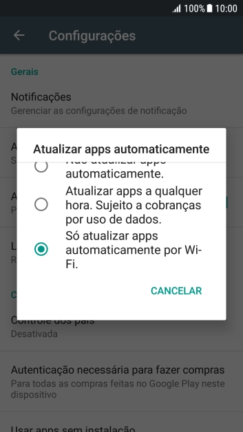 Para ativar a atualização automática de apps via rede celular, você deve pressionar Atualizar apps a qualquer hora. Sujeito a cobranças por uso de dados.. Para ativar a atualização automática de apps via rede celular, você deve pressionar Atualizar apps a qualquer hora. Sujeito a cobranças por uso de dados..