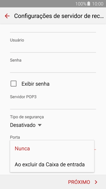 Pressione Nunca para manter os e-mails no servidor, quando você apagá-los do celular. Pressione Nunca para manter os e-mails no servidor, quando você apagá-los do celular.