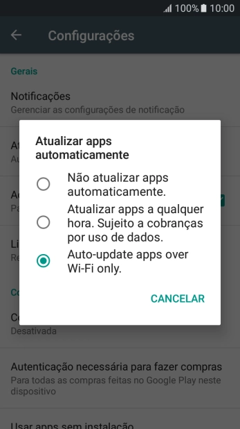 Para desativar a atualização automática de apps, você deve pressionar Não atualizar apps automaticamente.. Para desativar a atualização automática de apps, você deve pressionar Não atualizar apps automaticamente..