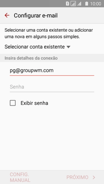 Pressione Senha e digite a senha da sua conta e-mail. Pressione Senha e digite a senha da sua conta e-mail.