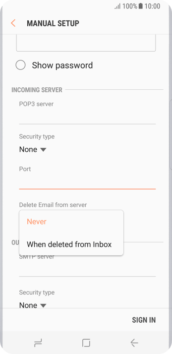 Press Never to keep email messages on the server when you delete them on your phone. Press Never to keep email messages on the server when you delete them on your phone.