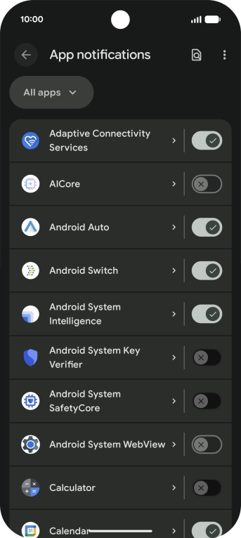 Press the indicator next to the required apps to turn the function on or off. Press the indicator next to the required apps to turn the function on or off.
