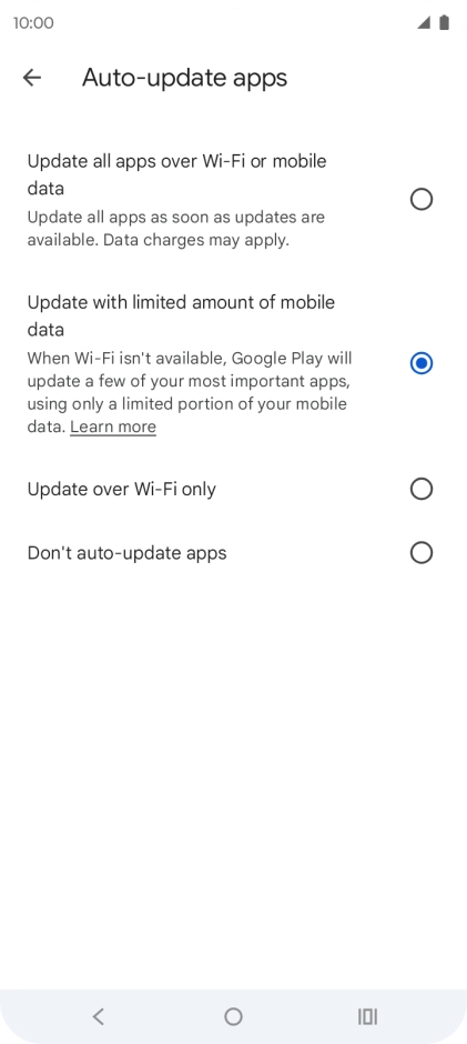 To turn on automatic update of apps using mobile network, press Update all apps over Wi-Fi or mobile data. To turn on automatic update of apps using mobile network, press Update all apps over Wi-Fi or mobile data.