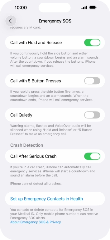 Press Set up Emergency Contacts in Health and follow the instructions on the screen to key in your emergency info and emergency contacts. Press Set up Emergency Contacts in Health and follow the instructions on the screen to key in your emergency info and emergency contacts.