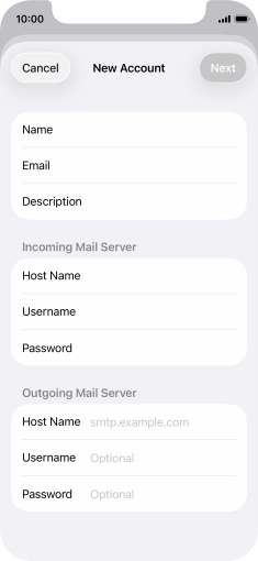 Press Host Name and key in the name of your email provider's outgoing server. Press Host Name and key in the name of your email provider's outgoing server.