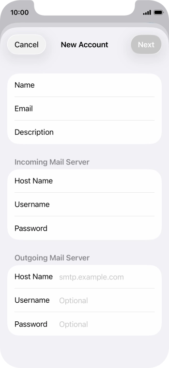 Press Host Name and key in the name of your email provider's outgoing server. Press Host Name and key in the name of your email provider's outgoing server.