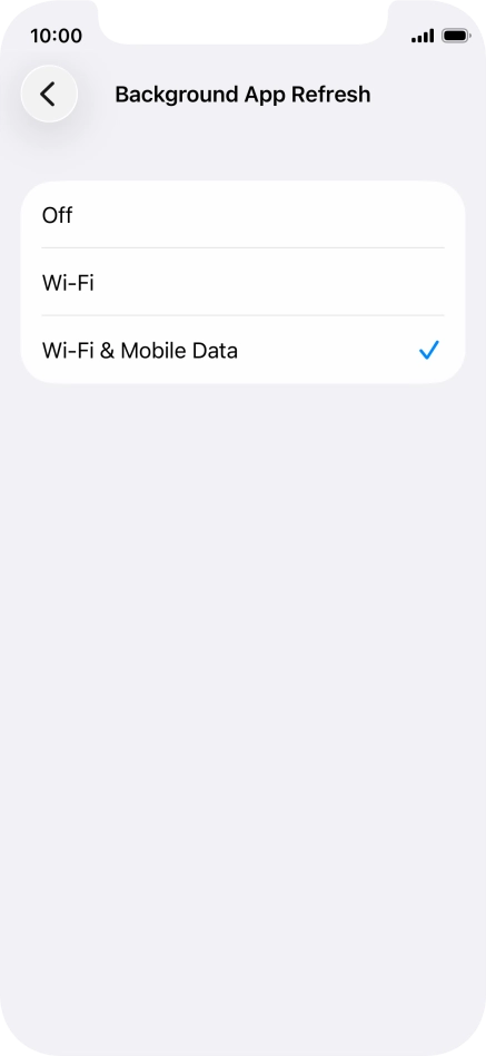 To turn off background refresh of apps, press Off. To turn off background refresh of apps, press Off.