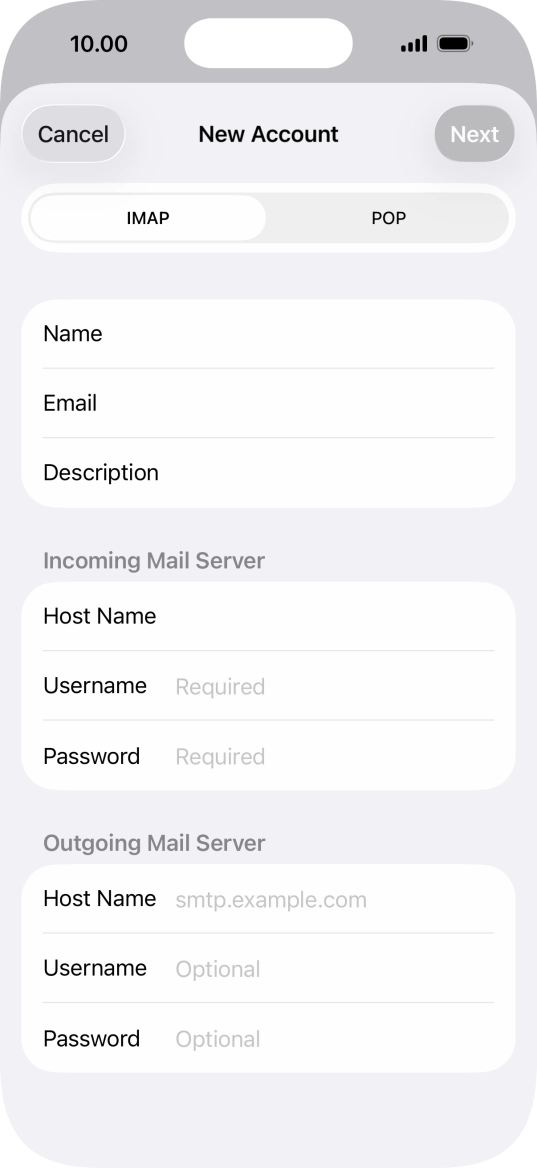 Press Username and key in the username for your email account. Press Username and key in the username for your email account.