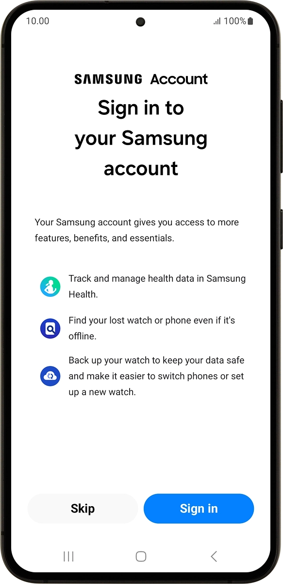 On your phone: Press Sign in and follow the instructions on the screen to log on with your Samsung account or to create a new Samsung account if don't have one already. On your phone: Press Sign in and follow the instructions on the screen to log on with your Samsung account or to create a new Samsung account if don't have one already.