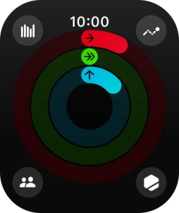 The screen will tell you how far you are from completing your daily activity goals. When the coloured rings are closed, you've reached the goals of your daily activity. The screen will tell you how far you are from completing your daily activity goals. When the coloured rings are closed, you've reached the goals of your daily activity.
