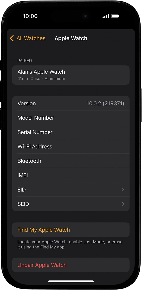 On your phone: Press Unpair Apple Watch. On your phone: Press Unpair Apple Watch.