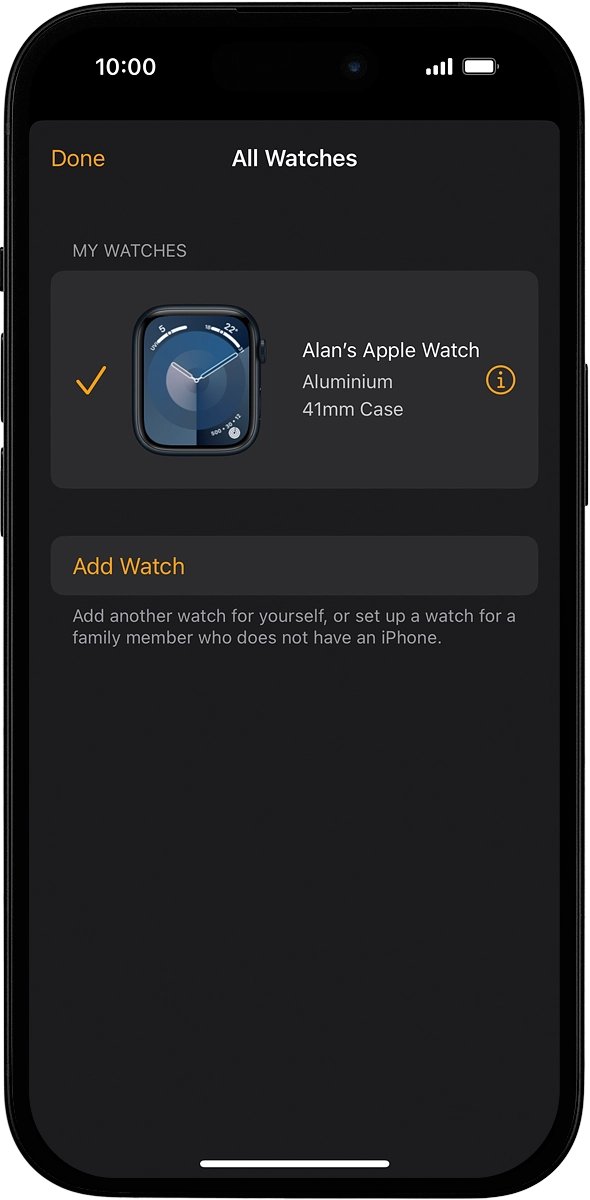 On your phone: Press the information icon next to the name of your Apple Watch. On your phone: Press the information icon next to the name of your Apple Watch.