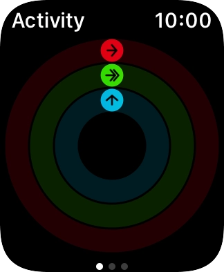 The screen will tell you how far you are from completing your daily activity goals. When the coloured rings are closed, you've reached the goals of your daily activity. The screen will tell you how far you are from completing your daily activity goals. When the coloured rings are closed, you've reached the goals of your daily activity.