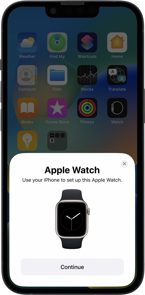 On your phone: Press Continue and follow the instructions on your phone to place the watch face in the middle of your phone's camera viewfinder. On your phone: Press Continue and follow the instructions on your phone to place the watch face in the middle of your phone's camera viewfinder.