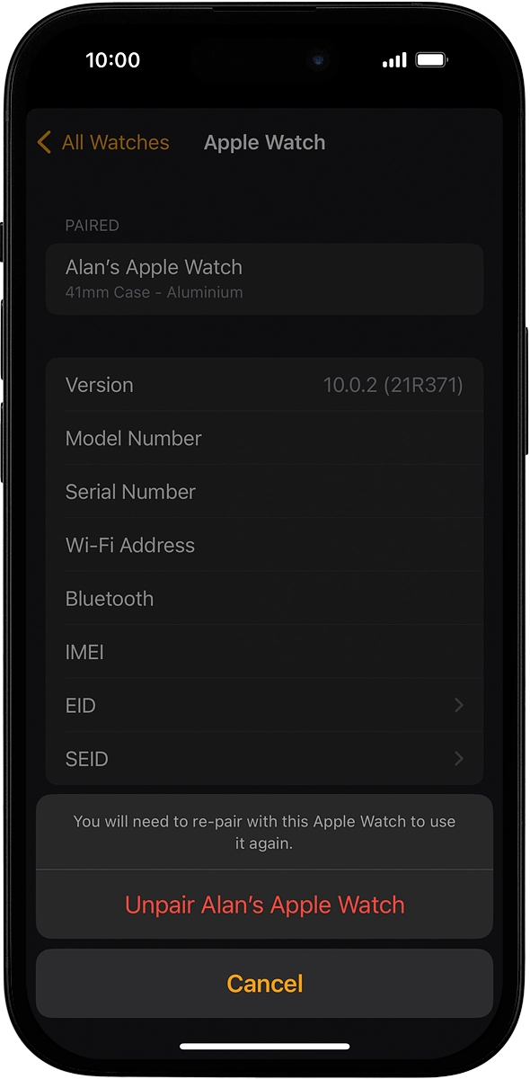 On your phone: Press Unpair Apple Watch and follow the instructions on the screen to unpair your Apple Watch and your phone. When prompted, key in the password for your Apple ID. On your phone: Press Unpair Apple Watch and follow the instructions on the screen to unpair your Apple Watch and your phone. When prompted, key in the password for your Apple ID.