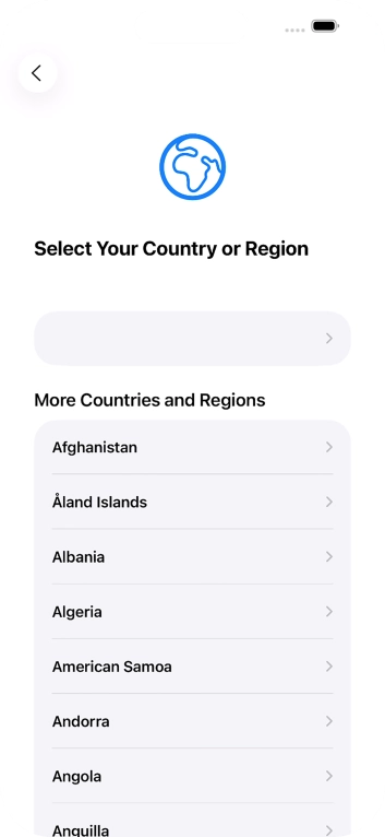 Press the required country or area. Press the required country or area.