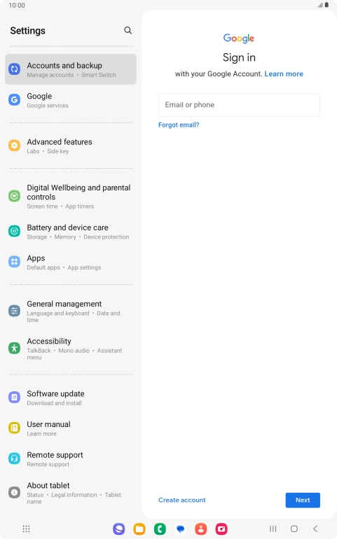 If you don't have a Google account, press Create account and follow the instructions on the screen to create an account. If you don't have a Google account, press Create account and follow the instructions on the screen to create an account.