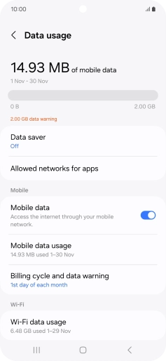 The total data usage is displayed. The total data usage is displayed.