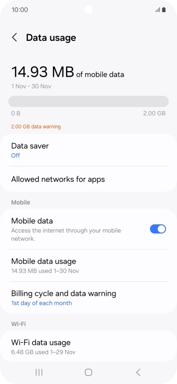 The total data usage is displayed. The total data usage is displayed.
