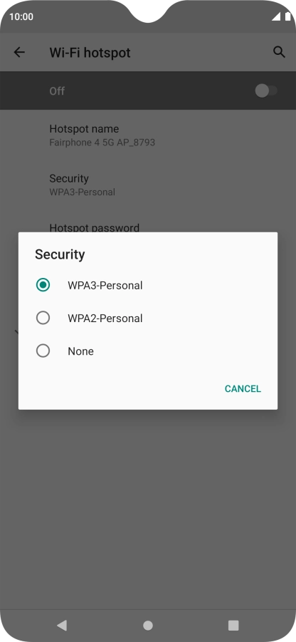 Press WPA3-Personal to password protect your Wi-Fi hotspot. Press WPA3-Personal to password protect your Wi-Fi hotspot.