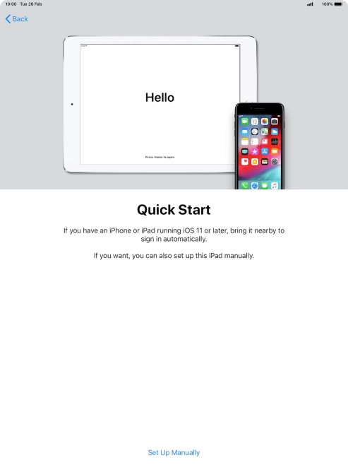 Follow the instructions on the screen to transfer content from another device running iOS 11 or later or press Set Up Manually. Follow the instructions on the screen to transfer content from another device running iOS 11 or later or press Set Up Manually.