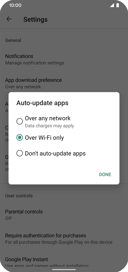 To turn on automatic update of apps using mobile network, press Over any network. To turn on automatic update of apps using mobile network, press Over any network.