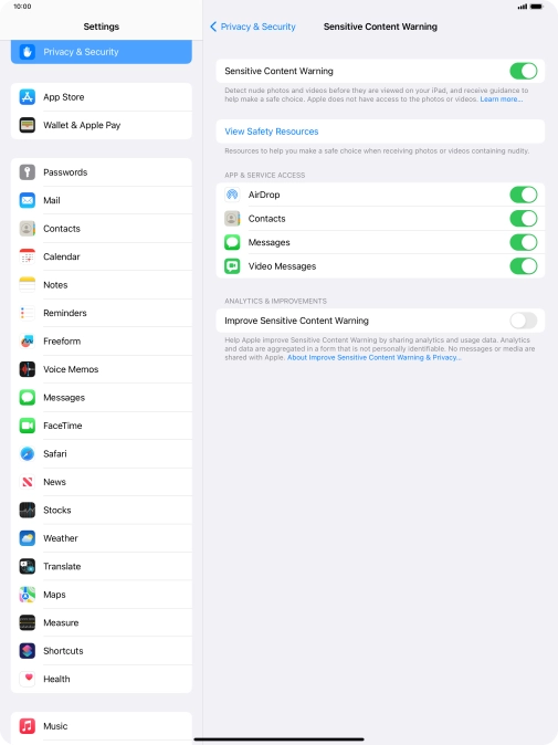 Press the indicators next to the required applications to turn the function on or off. Press the indicators next to the required applications to turn the function on or off.