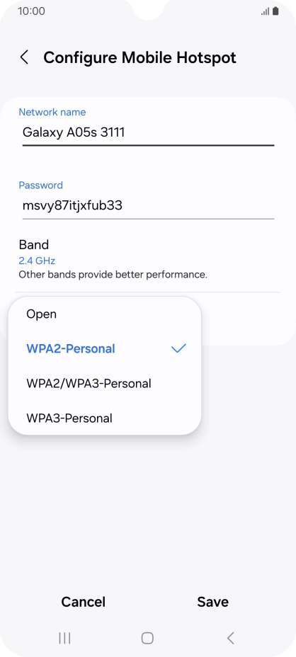 Press WPA3-Personal to password protect your Wi-Fi hotspot. Press WPA3-Personal to password protect your Wi-Fi hotspot.