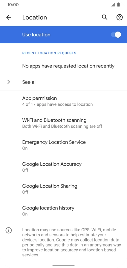 Press Google Location Accuracy. Press Google Location Accuracy.