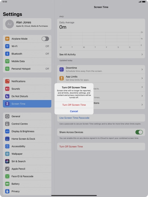 Press Turn Off Screen Time. Press Turn Off Screen Time.