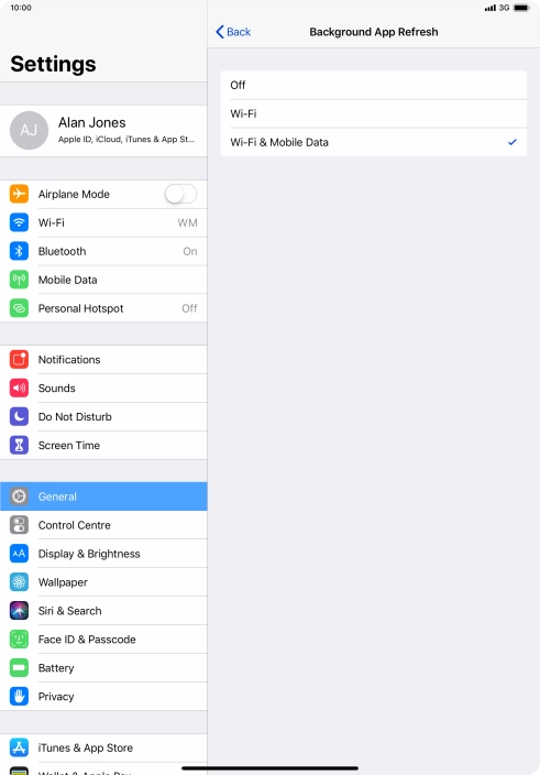To turn off background refresh of apps, press Off. To turn off background refresh of apps, press Off.