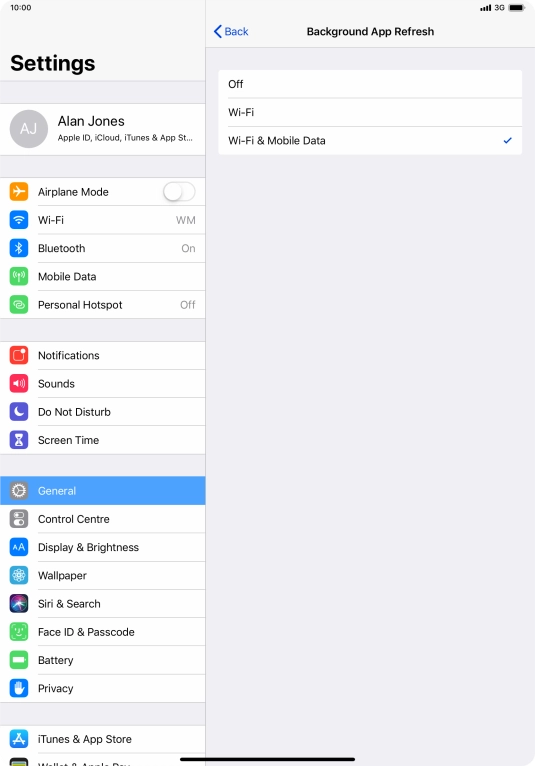 To turn off background refresh of apps, press Off. To turn off background refresh of apps, press Off.