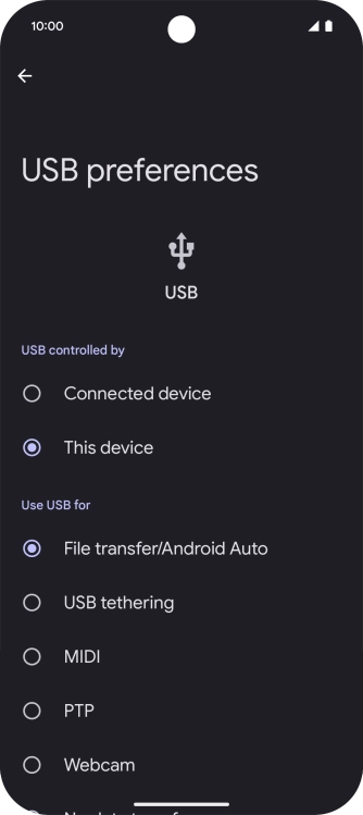 Press File transfer/Android Auto. Press File transfer/Android Auto.