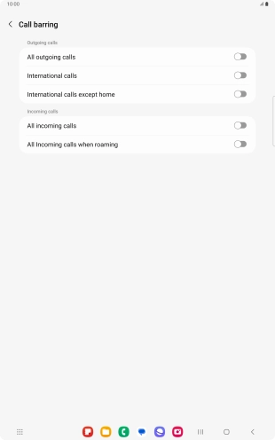 Press the indicator next to the required barring type to turn the function on or off. Press the indicator next to the required barring type to turn the function on or off.
