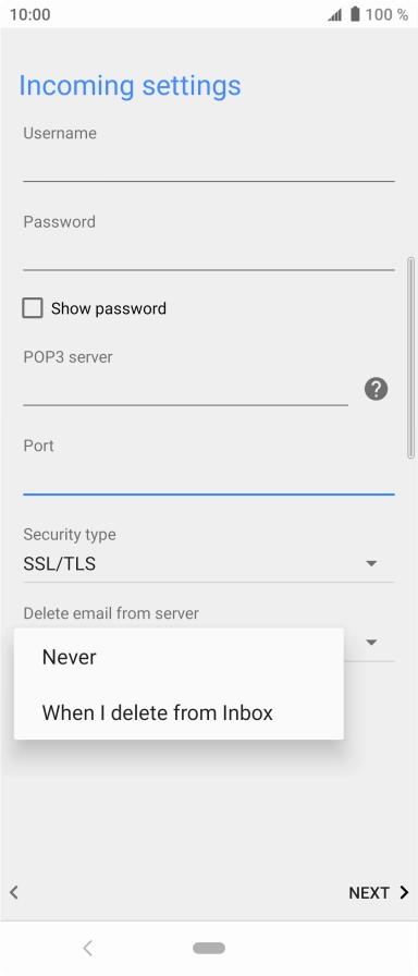 Press Never to keep email on the server when you delete them on your phone. Press Never to keep email on the server when you delete them on your phone.